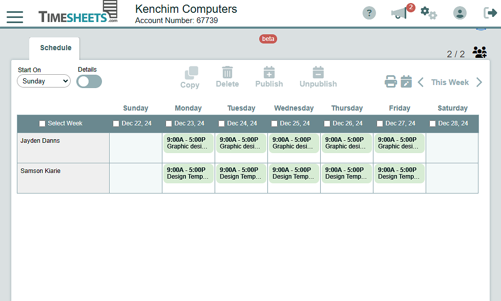 Screenshot of the scheduling page