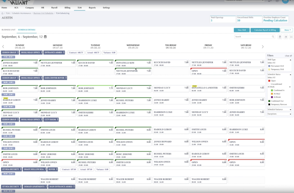 The calendar view of the employee scheduler, with a color code on the right side.