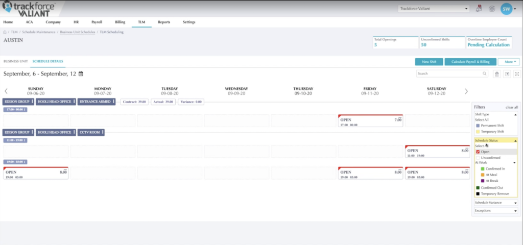 A screenshot showing TrackTik’s advanced filtering options, which include “Shift Type,” “Shift Status,” and “Schedule Variance.”