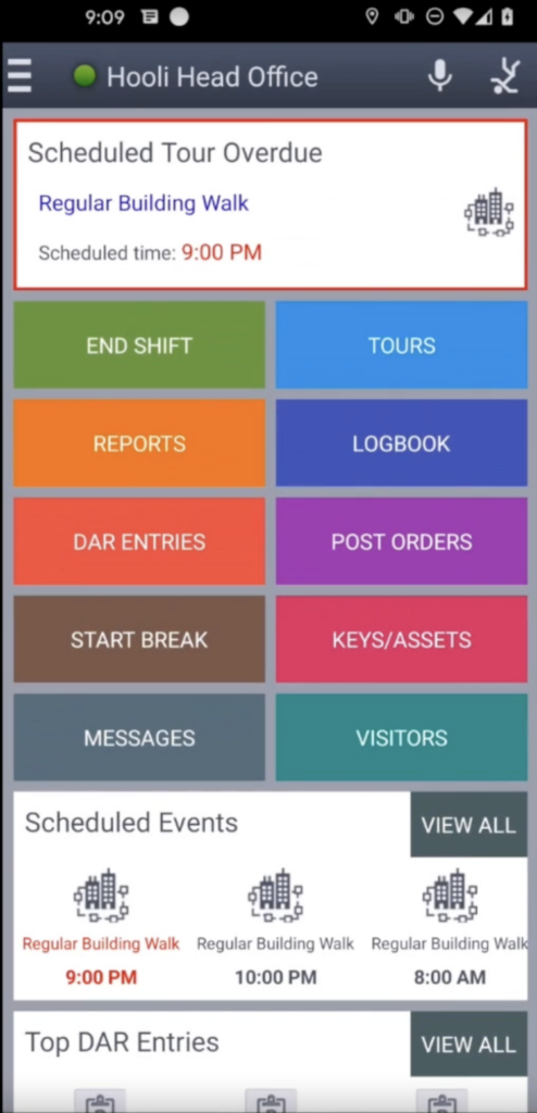 The mobile app homepage, where buttons leading to the different tools are bright and colorful, and there’s a section for scheduled events at the bottom.