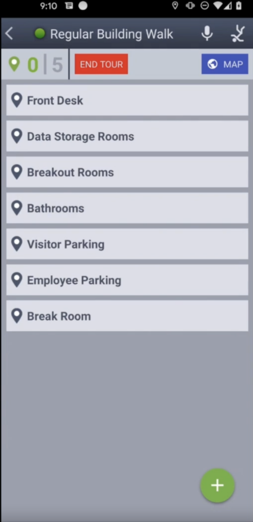 A list of the different points a guard must check in at during a tour, which the guard can access using the mobile app.
