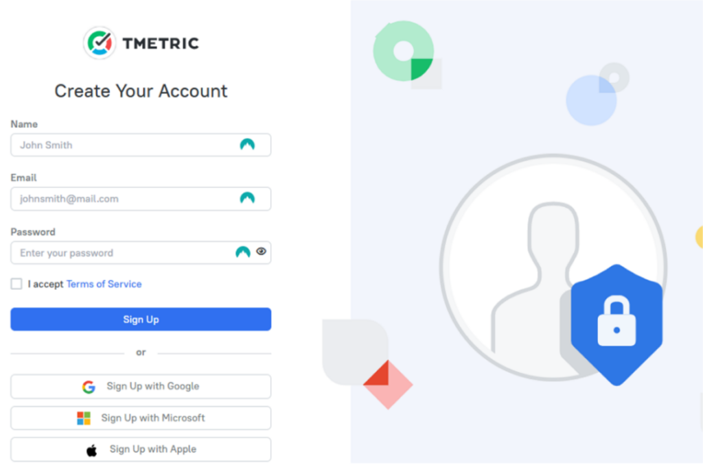 Screenshot showing TMetric signup page
