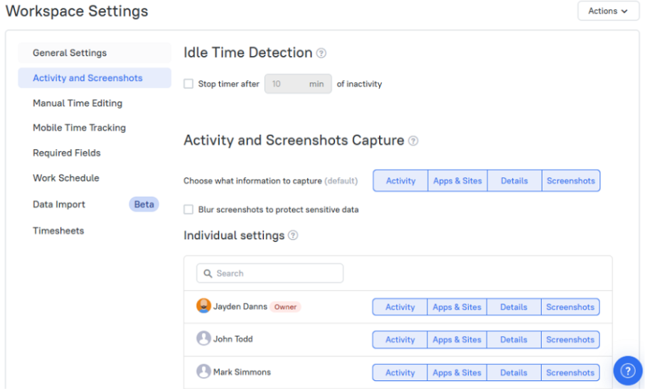 Screenshot of activity and screenshot settings page.