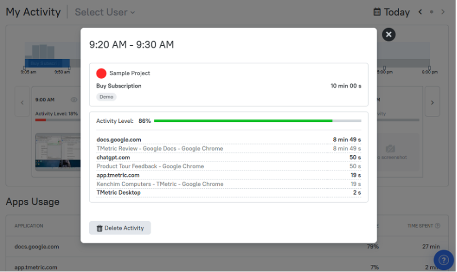 Screenshot showing TMetric activity level bar.