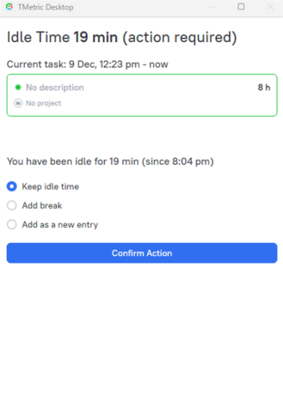 Screenshot of TMetric idle time tracker