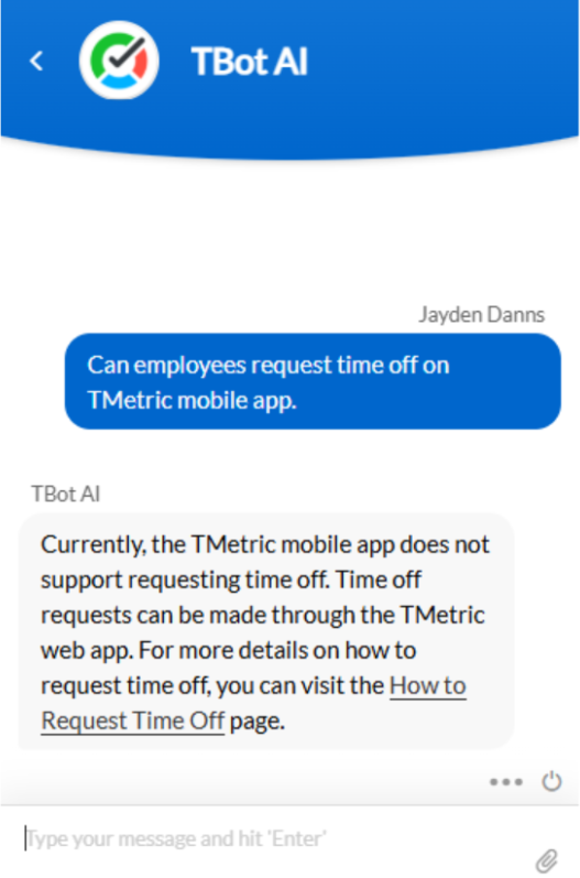 Screenshot of TMetric chat feature.