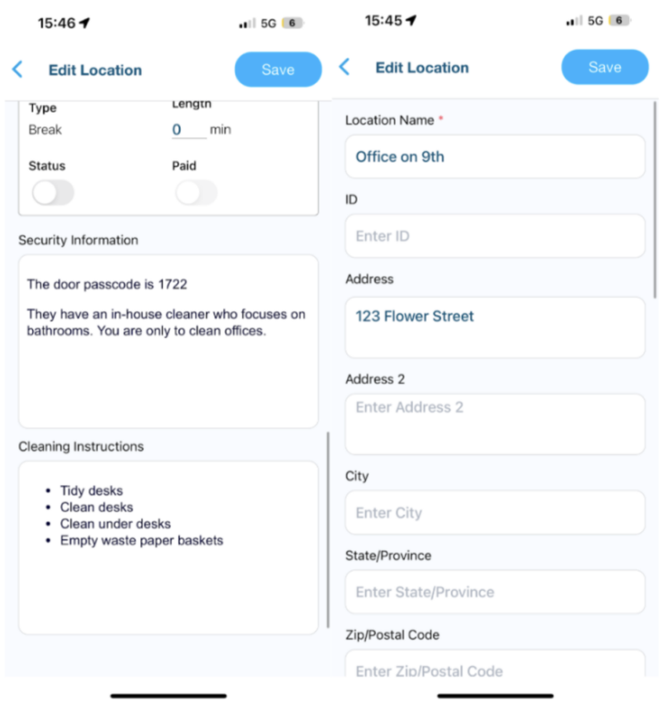 Two screenshots showing how to set up a location on the Swept mobile app. The information included in the security information, cleaning instructions, and address has been pulled from the Swept desktop setup.