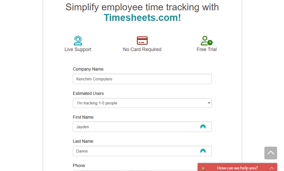 Screenshot of Timesheets.com signup page