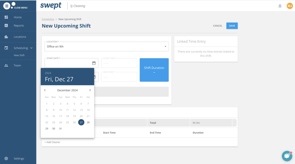 A screenshot of the Swept desktop app highlighting how users can set up new shifts. The calendar tool is highlighted, showing how easy it is to create new shifts.