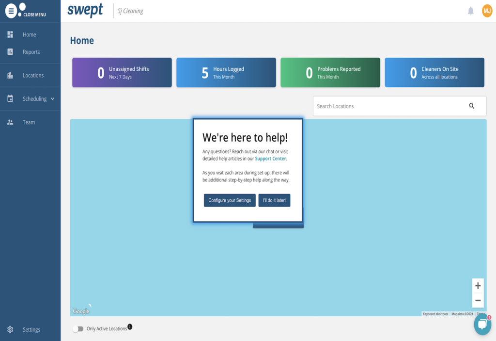 A screenshot of Swept’s homepage. There’s a menu on the side where users can access the homepage, reports, locations, scheduling, and view their team.