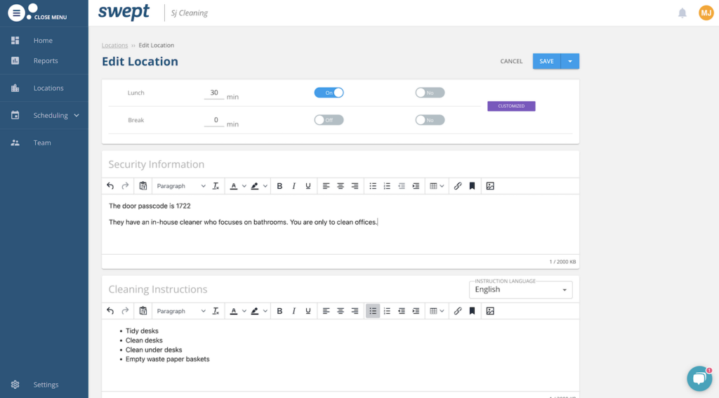 A screenshot showing how to manually set up a location in Swept. There’s space for security information, cleaning instructions, break time, and break management.