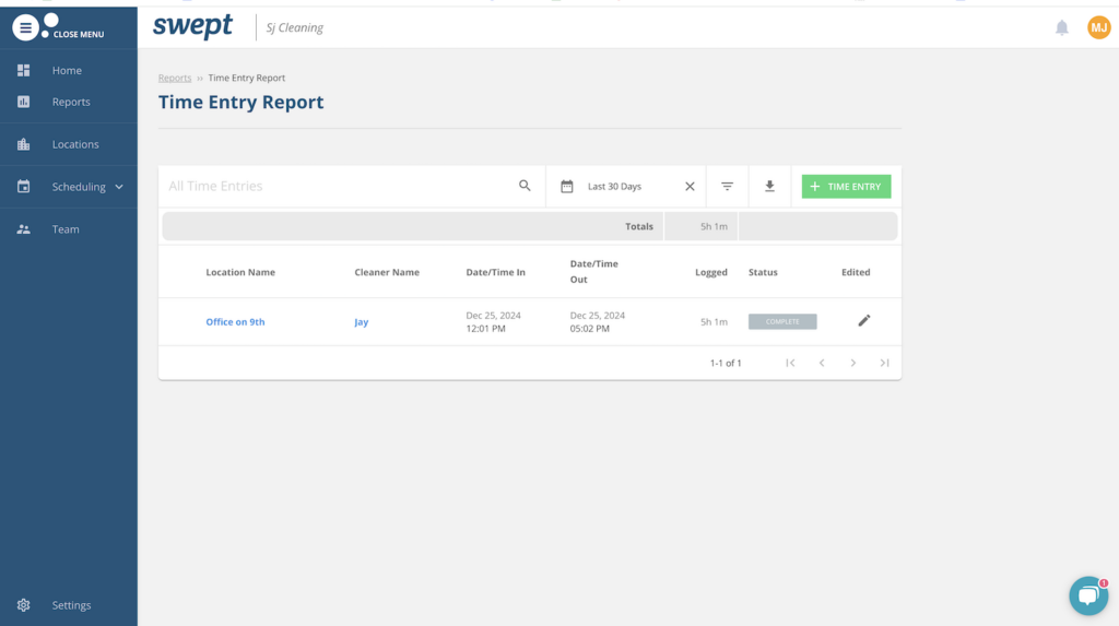 A screenshot of the time entry report on Swept. It shows how a time entry report works, including office location, worker name, time, date, and whether the timesheet has been approved.