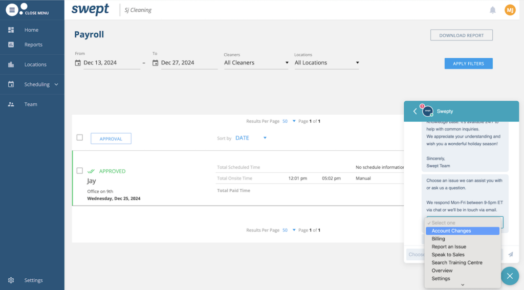 A screenshot of the payroll report with approved payroll hours. It shows the time worked, total onsite time, and the name of the employee who worked the shift.