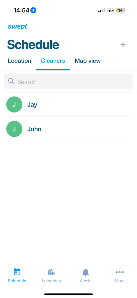 A screenshot of Swept’s mobile app showing the schedule by employee name. 