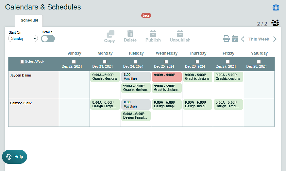 Screenshot showing time off on schedule grid