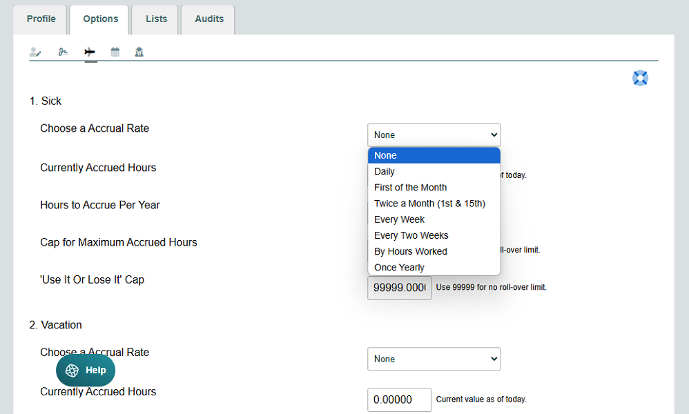 Screenshot showing accrual settings