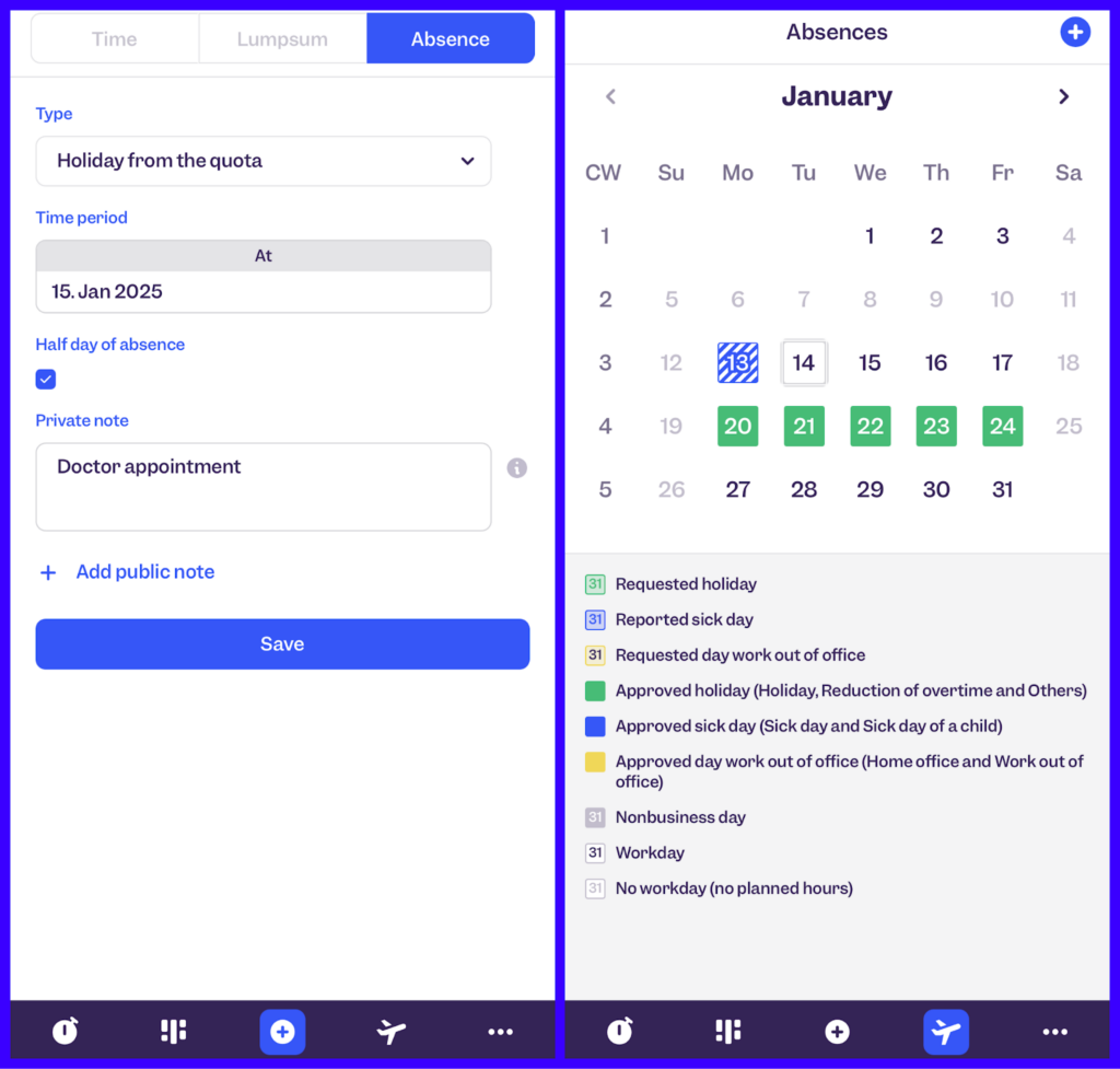 Clockodo’s absence management interface lets users request absences with notes and view a color-coded calendar for tracking holidays, sick days, and other leave types.