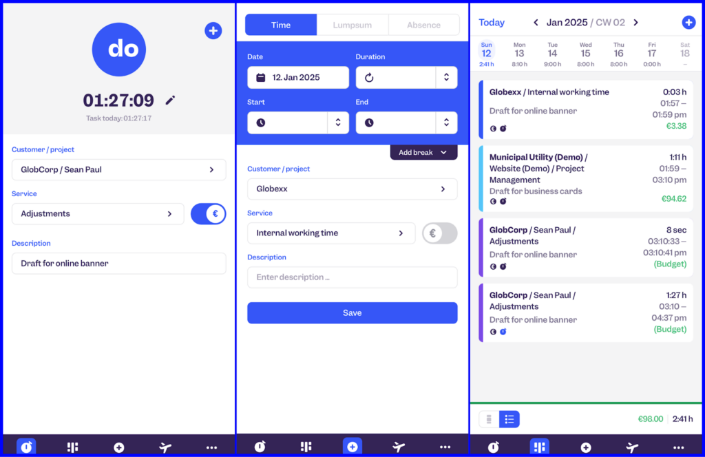 Clockodo's mobile interface showing the active timer, time entry screen, and daily task overview with project details, descriptions, and earnings.