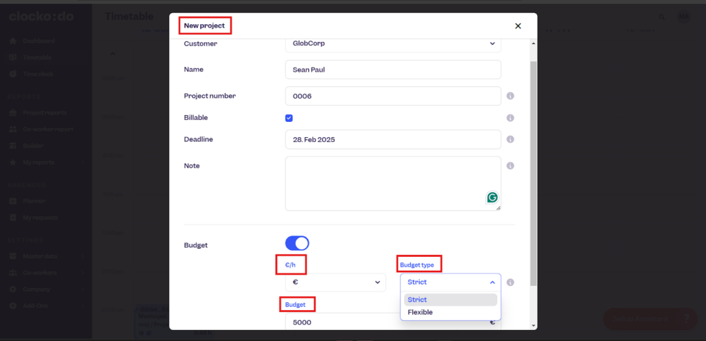 Clockodo’s new project creation interface with customizable options for budget, deadlines, and billing flexibility.