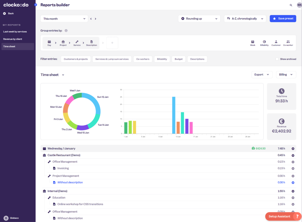 Clockodo’s reports builder interface allows customizable groupings and filters, displaying detailed timesheets, visual breakdowns, and total time and revenue insights.