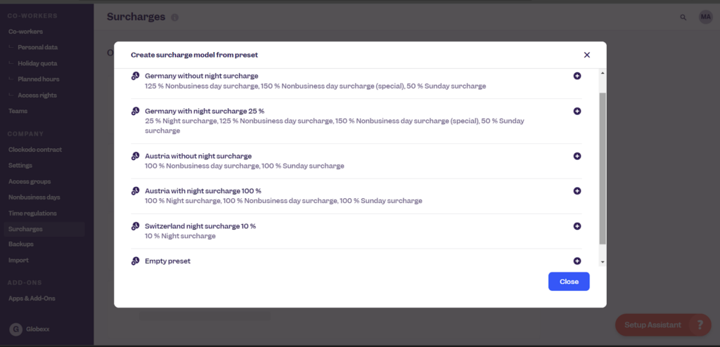 Clockodo’s surcharge setup interface with preset models for various European countries, enabling you to configure night, Sunday, and nonbusiness-day surcharges.