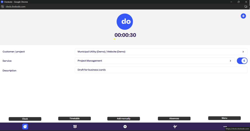 Screenshot of the Clockodo time tracking interface showing an active timer, project details, service type, description, and navigation options.