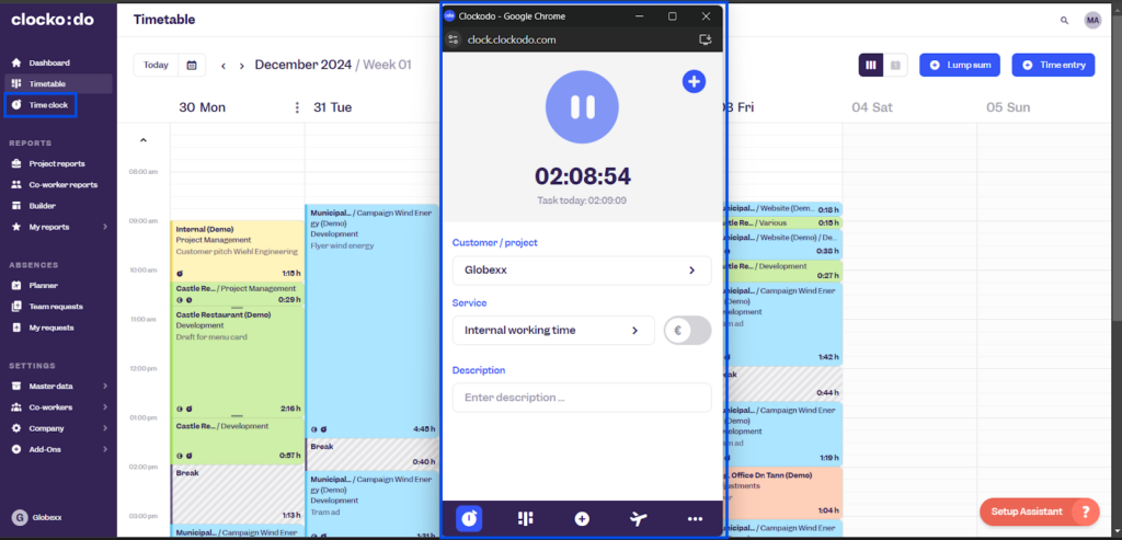 Clockodo’s time clock interface in a pop-up window, with options for pausing and adding a customer/project, service, and description. Beneath the pop-up window is a Timetable.