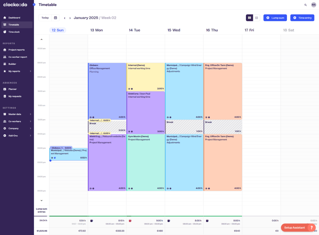 A Clockodo timetable displaying a detailed weekly overview of tasks, breaks, and project hours with clear color-coded segmentation and time summaries.