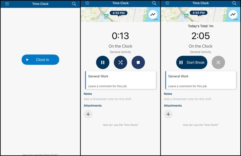When we clocked in with ClockShark, the app let us start and stop breaks, add notes, and include attachments.