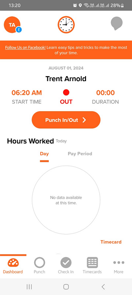 We could clock in and out from the OnTheClock mobile app and view our hours worked.