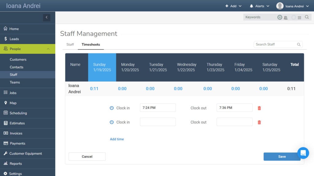 The mHelpDesk desktop app showing a staff member's daily timesheet.