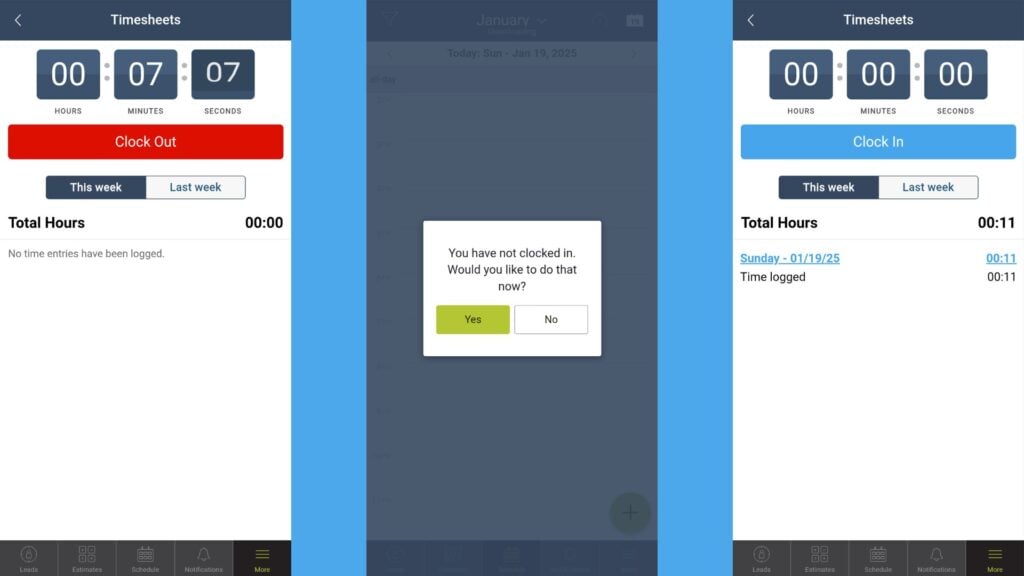 A collage of 3 mHelpDesk mobile app screenshots featuring the time clock feature.