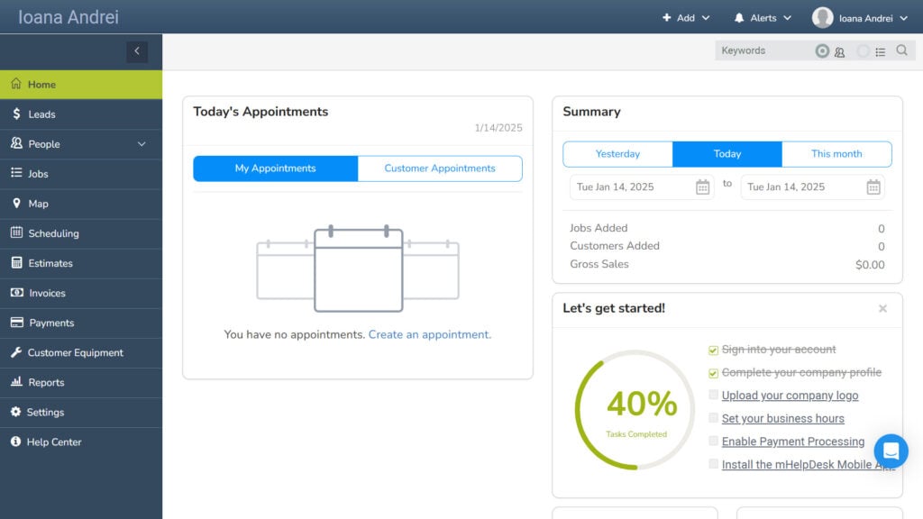 The mHelpDesk desktop dashboard, which summarizes today's appointments, gross sales, and remaining onboarding actions.