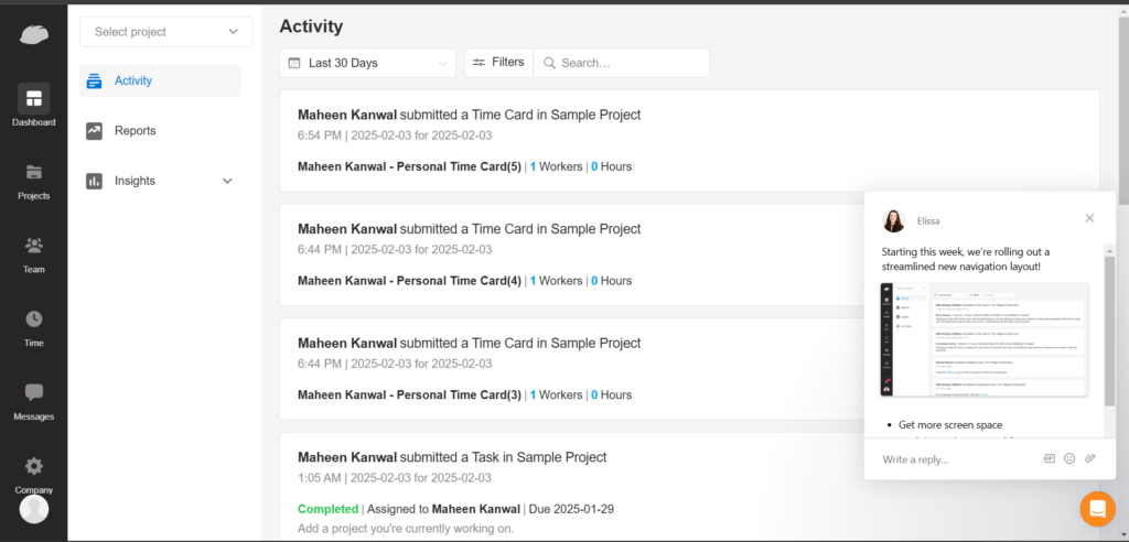 Screenshot of a project activity log on Raken with a sidebar containing navigation options for Dashboard, Reports, Projects, Team, Time, Messages, and Company.