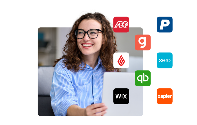 Woman smiling next to all Connecteam's Integrations