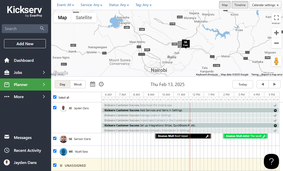 Screenshot showing Kickserv dispatch page