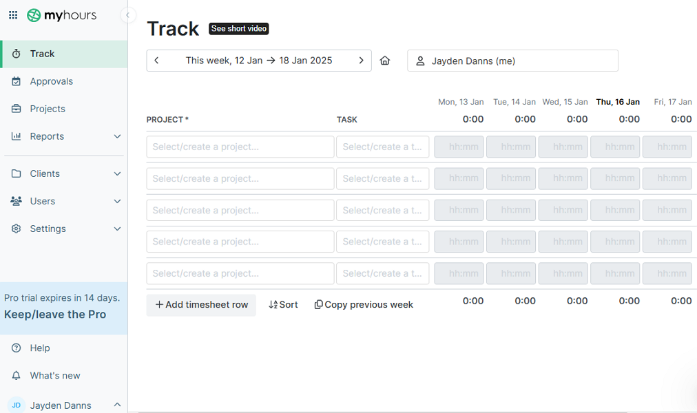 Screenshot showing My Hours’ web app UI