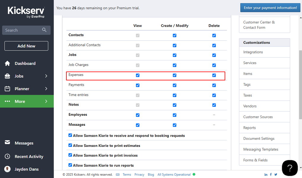 Screenshot showing Kickserv expense management option