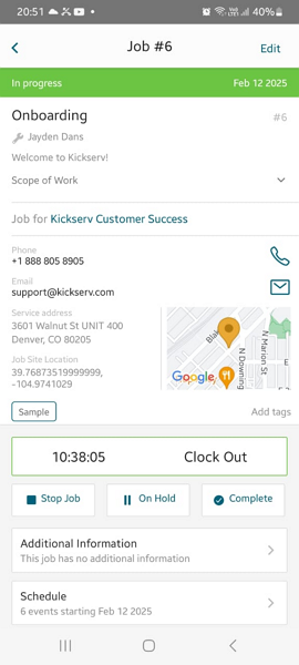 Screenshot showing Kickserv time tracker