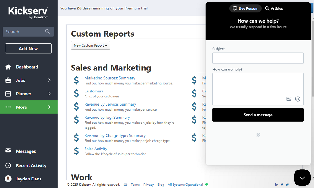 Screenshot showing Kickserv live chat and articles