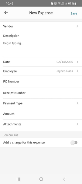 Screenshot showing add expense page on the mobile app