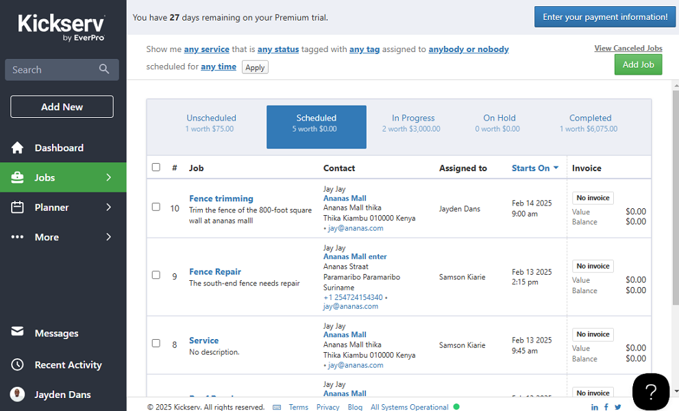 Screenshot showing Kickserv job tracking page