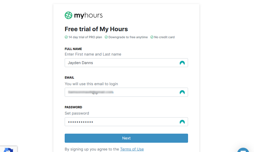 Screenshot of My Hours signup page