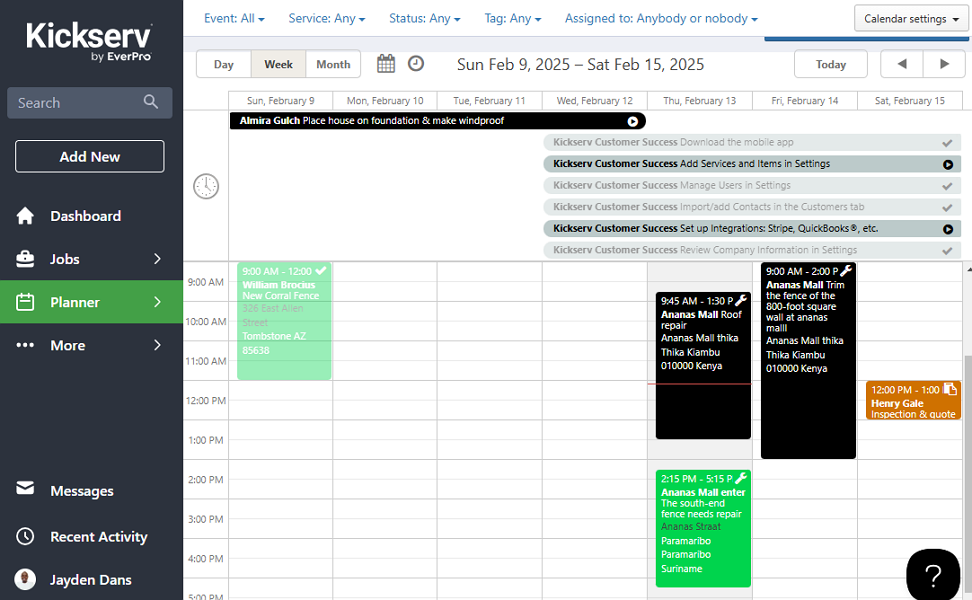 Screenshot showing Kickserv calendar page