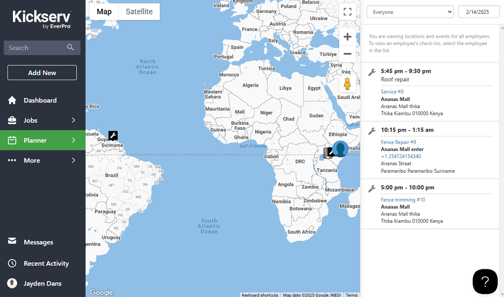 Screenshot showing Kickserv map