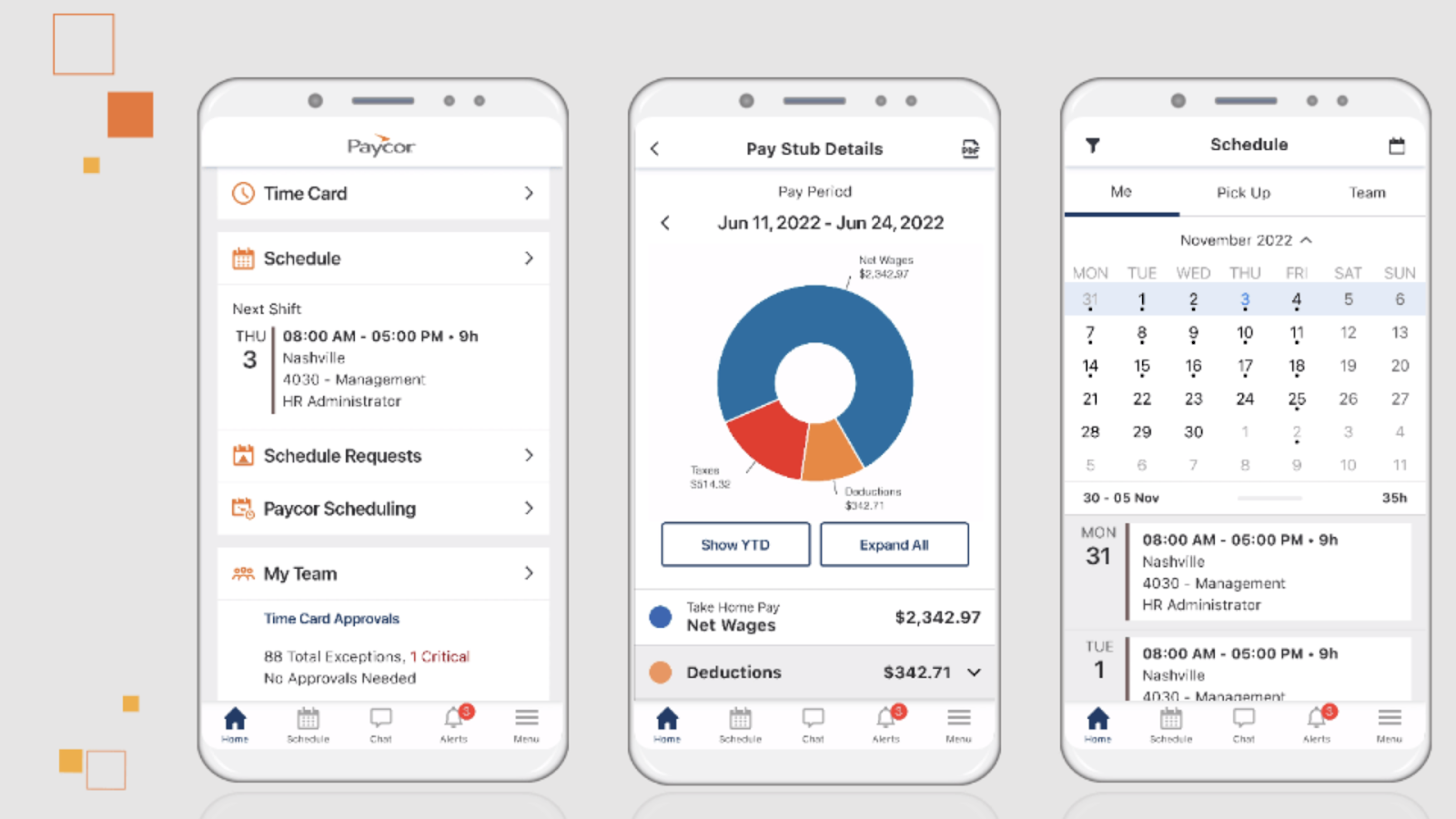 Paycor's mobile interface, which lists key features neatly in the bottom bar. 