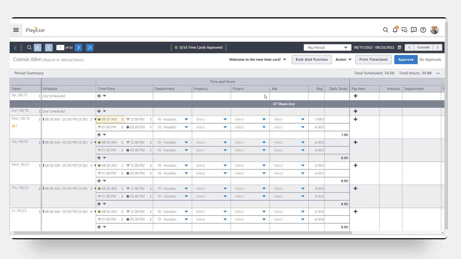 Paycor's employee time cards feature various rows and columns of information.