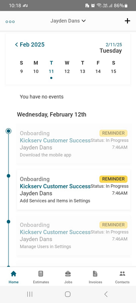 Screenshot showing Kickserv mobile app UI