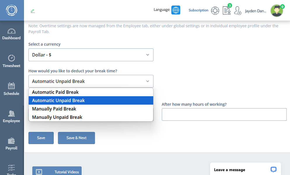 Screenshot showing break options 