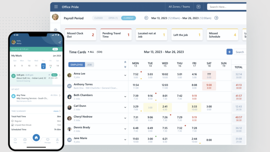 Screenshot of Chronotek's web interface on the right side, with a clean blue and white color scheme and modern design.